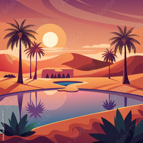 Vibrant desert oasis scene with palm trees reflecting in water at sunset vector illustration