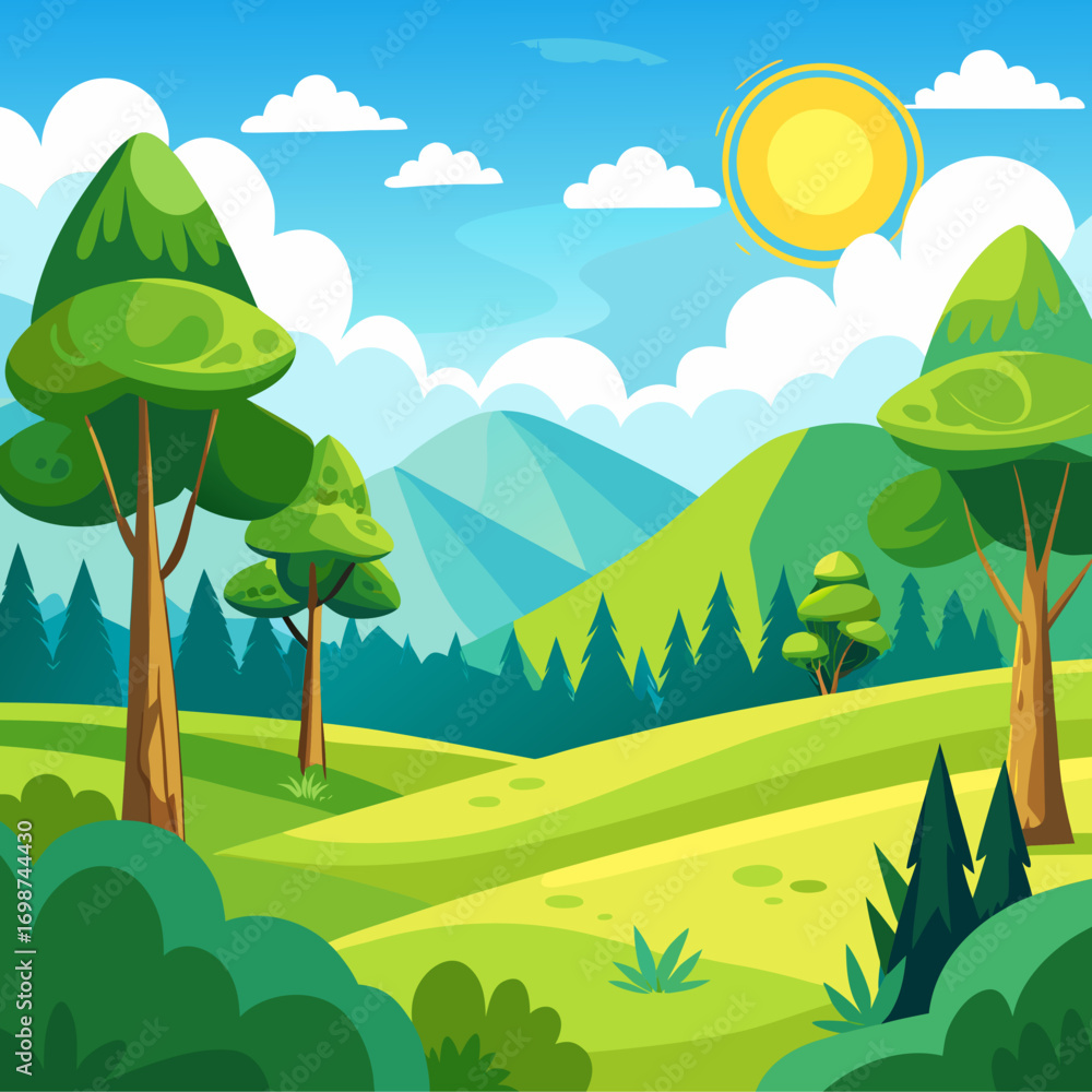 Obraz premium Cheerful vector cartoon forest clearing sunny day lush green landscape scalable illustration