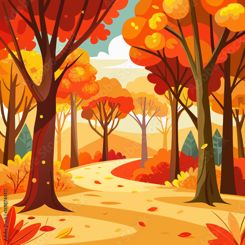 Vibrant autumn woodland scene vector illustration with orange and yellow trees and path