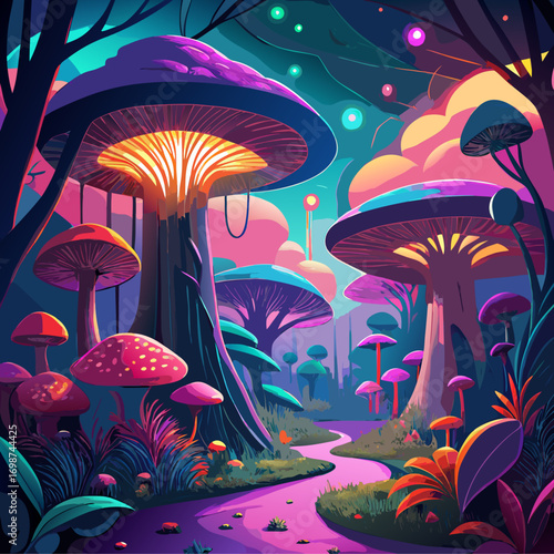 Magical fantasy forest with oversized glowing mushrooms and mystical illumination vector illustration