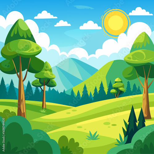 Cheerful vector cartoon forest clearing sunny day lush green landscape scalable illustration