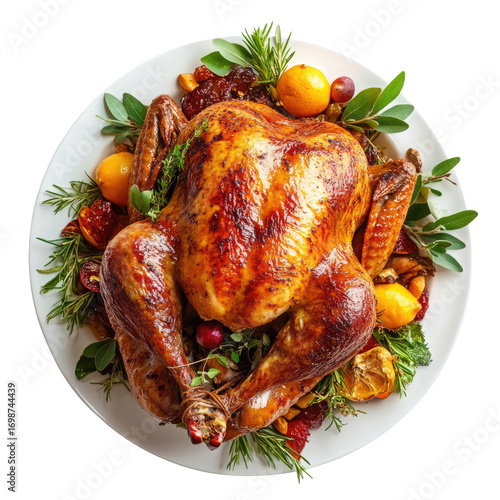 Whole roasted turkey with garnish isolated on transparent background