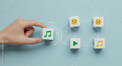 Conceptual image representing the flow of emotion and music, with a hand placing a musical note block