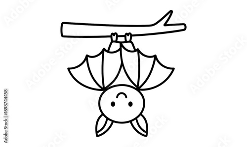 Cute bat hanging upside down on branch in cartoon outline style