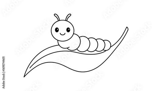 Cute caterpillar on leaf: simple black and white cartoon style for kids