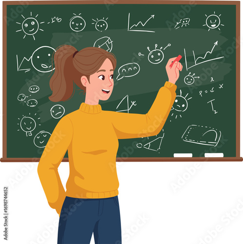 Young female teacher explaining chart on blackboard with drawings, cartoon character in classroom teaching science or math, vector illustration