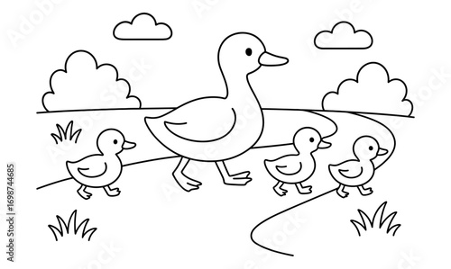 Cute outline drawing of duck family walking by a pond in nature