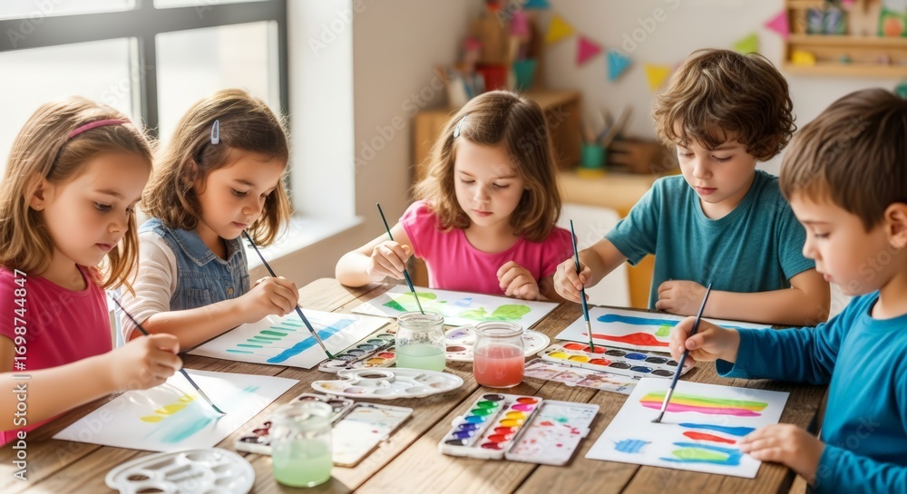Fototapeta premium Diverse children engaged in vibrant art class painting colorful creations with watercolors and