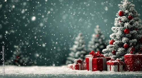 Festive Holiday Decorations With Snow, Christmas Trees, and Gifts in a Cozy W...