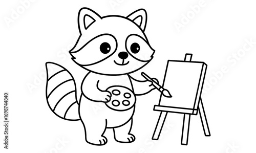 Cute raccoon artist with easel and brush in outline style
