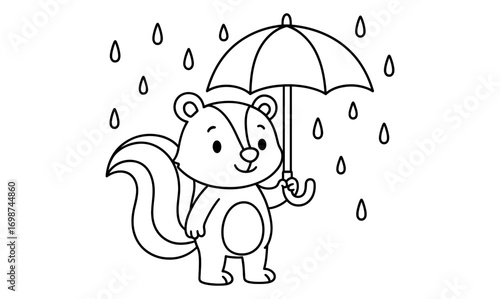 Cute cartoon skunk holding an umbrella in the rain