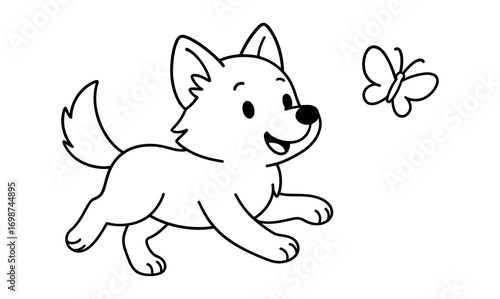 Cute outline of a happy puppy chasing a butterfly
