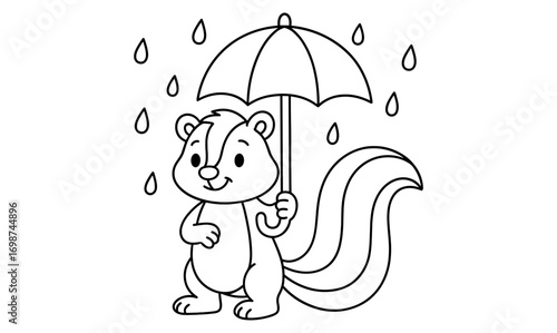 Cute cartoon skunk with umbrella on a rainy day coloring page for kids