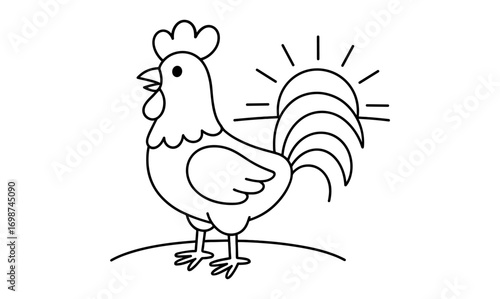 Minimalist outline of rooster with sunrise in background