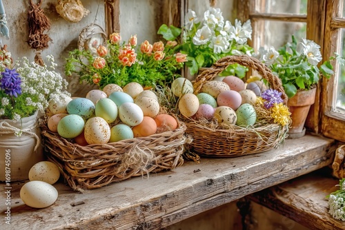 Colorful Decorative Eggs Displayed on a Rustic Wooden Table With Fresh Flower...