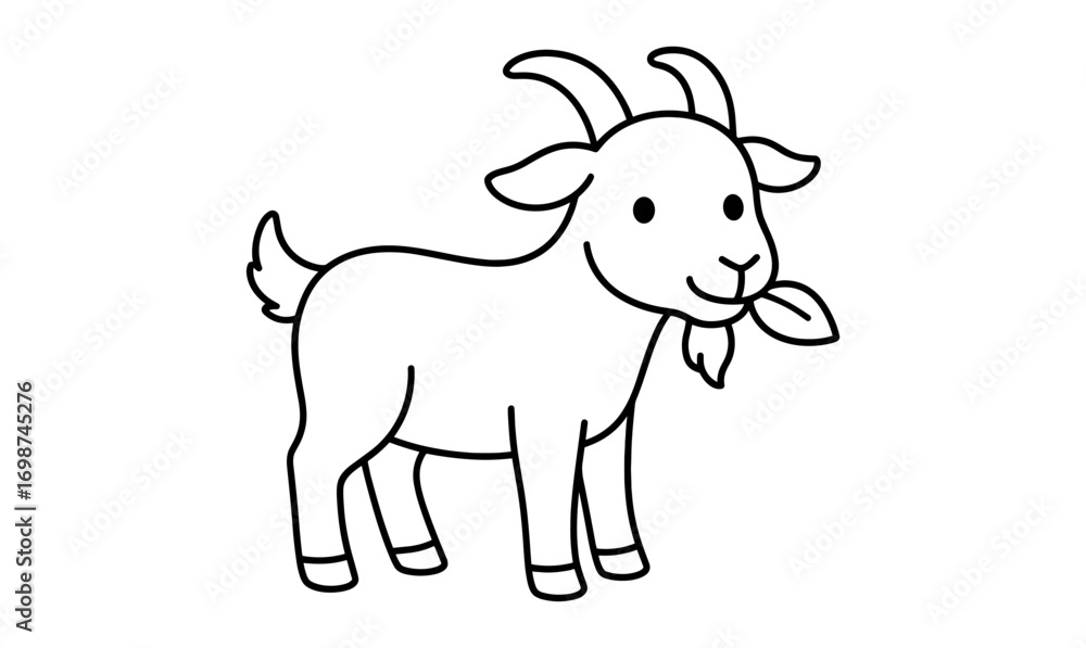 Fototapeta premium Cute cartoon goat outline eating leaf in simple black and white design