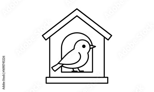 Simple line art of a bird resting inside a house-shaped birdhouse