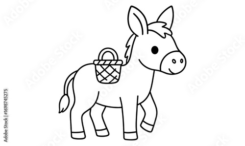 Cute donkey line art with saddle for children's coloring books