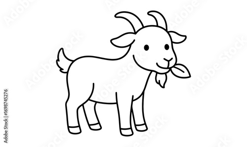 Cute cartoon goat outline eating leaf in simple black and white design