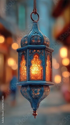 Beautiful Ornate Lantern Hanging in a Vibrant Market at Dusk