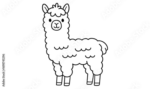Cute black and white alpaca drawing for coloring books or educational materials