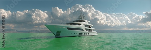 Luxurious Modern Yacht Cruising Through Clear Blue Waters Under Cloudy Sky.