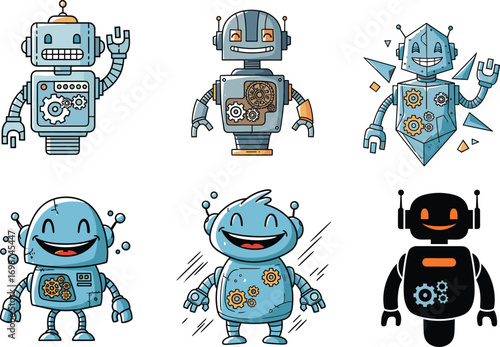 Blue cartoon robots with gears, futuristic mechanical characters, smiling AI machines, cute tech bots, vector illustration set for sci-fi and kids themes