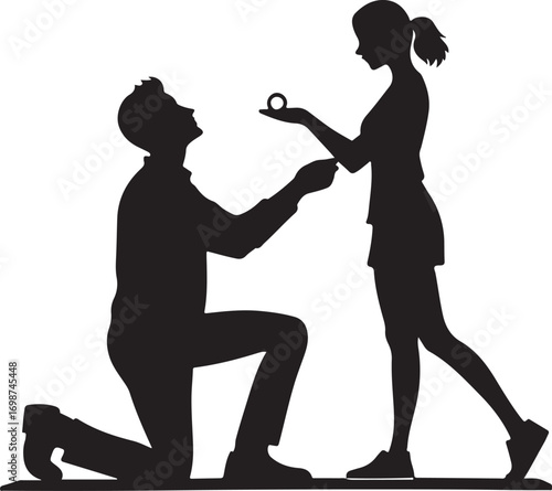 Silhouette of Man Proposing Marriage to Woman on White Background Keywords: proposal, marriage, engagement, ring, couple, man, woman, silhouette, love, romance, wedding, surprise, kneeling