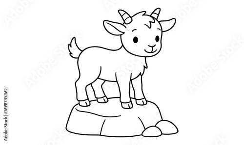 Happy cartoon goat standing on rock in black and white outline