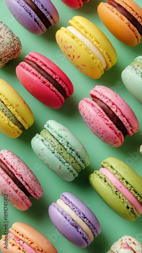 Colorful Macarons Arranged on a Vibrant Green Background for a Sweet Dessert ...