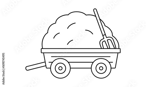 Simple linear farm cart with hay and pitchfork outline drawing
