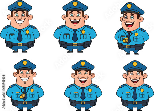 Cartoon fat police officers in blue uniform with badges, funny law enforcement characters for security, patrol, safety, comic design, and public service concepts