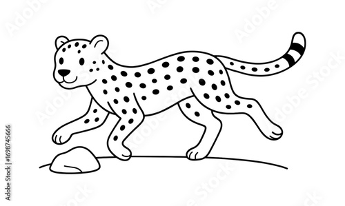 Playful cheetah outline: simple black and white line art of a running cub