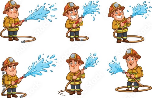 Cartoon firefighter spraying water with hose, vector illustration set, fireman character in action, emergency rescue hero concept for kids design