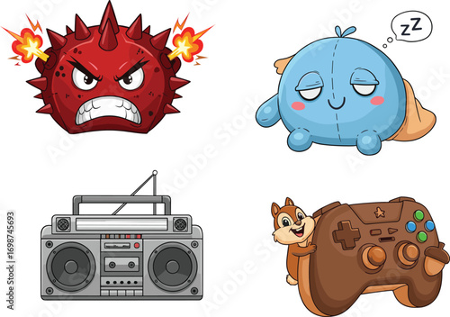 Cartoon gaming characters with controller, angry and sleepy emoji, vintage radio, cute animal gamer, funny expression icons, digital entertainment vector design