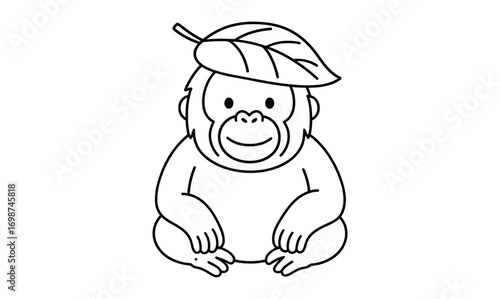 Cute monkey outline with leaf hat for kids' coloring