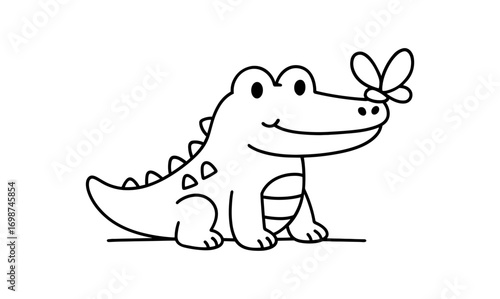 Cute cartoon crocodile with butterfly in black and white
