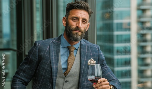 Man in Formal Attire Holding Wine Glass While Looking Confidently out of a Hi...