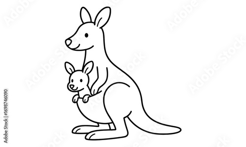 Cute kangaroo with baby in pouch outline drawing - playful wildlife design