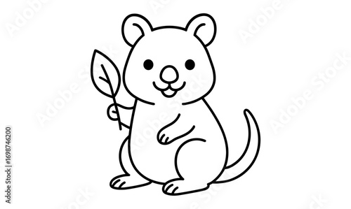 Cute line art quokka holding leaf: adorable australian animal coloring page