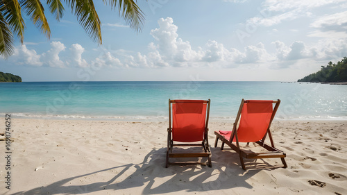 Beach chair holiday poster with a pair of chairs, celebrating seaside relaxation, tranquility, and timeless vacation charm.