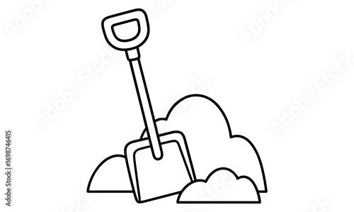 Minimalist line drawing of shovel in snow pile for winter and gardening themes
