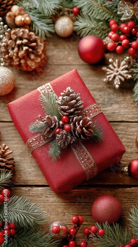Festively Wrapped Gift Surrounded by Holiday Decorations on Wooden Table in W...