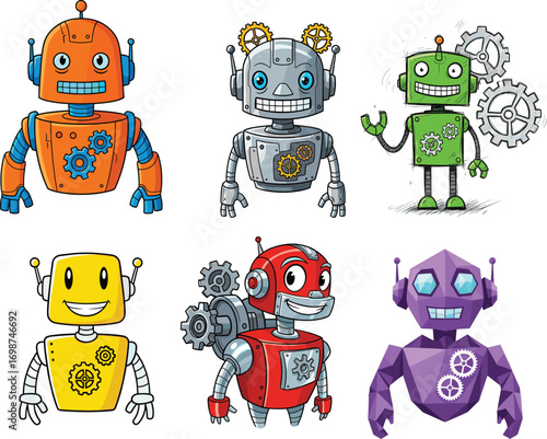 Colorful cartoon robots with gears, cute mechanical characters, friendly tech bots, futuristic AI machine designs, vector illustration set for kids and tech themes