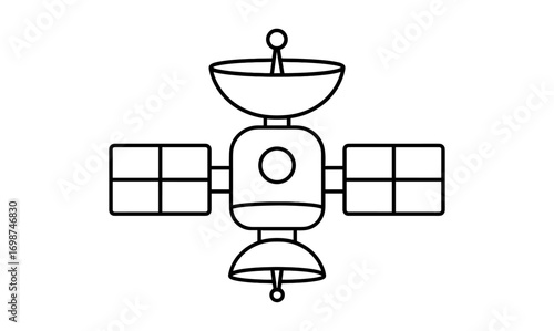 Simple linear outline of satellite with antennas and solar panels