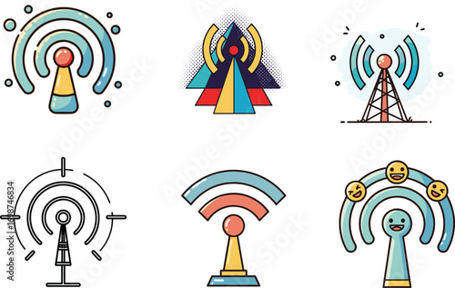 Creative vector set of signal towers, antennas, and wifi symbols, perfect for tech, communication, broadcast, and digital network connection-themed designs and content.