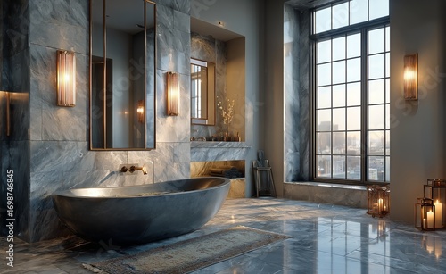 Luxurious Modern Bathroom Featuring Stunning View and Natural Light at Sunset