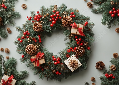 Festive Wreath Decorated With Pinecones, Red Berries, and Wrapped Gifts in a ...