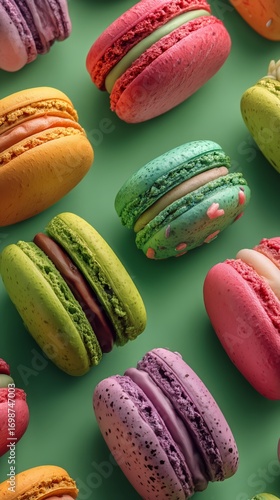 Colorful Macarons Arranged on a Vibrant Green Background for a Sweet Dessert ...