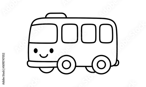 Cute kawaii style cartoon bus with smile in black and white outline